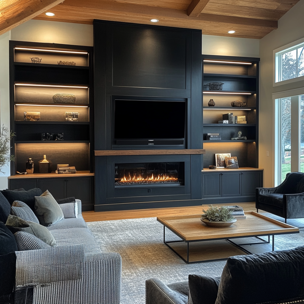 Built in fireplace wall with TV and shelving LED lighting custom media wall Florida