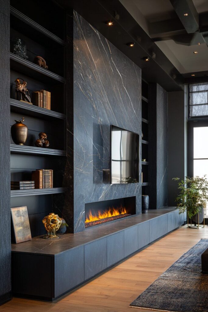 Custom fireplace media wall with built-in cabinets, floating shelves, stone feature wall, and linear electric fireplace
