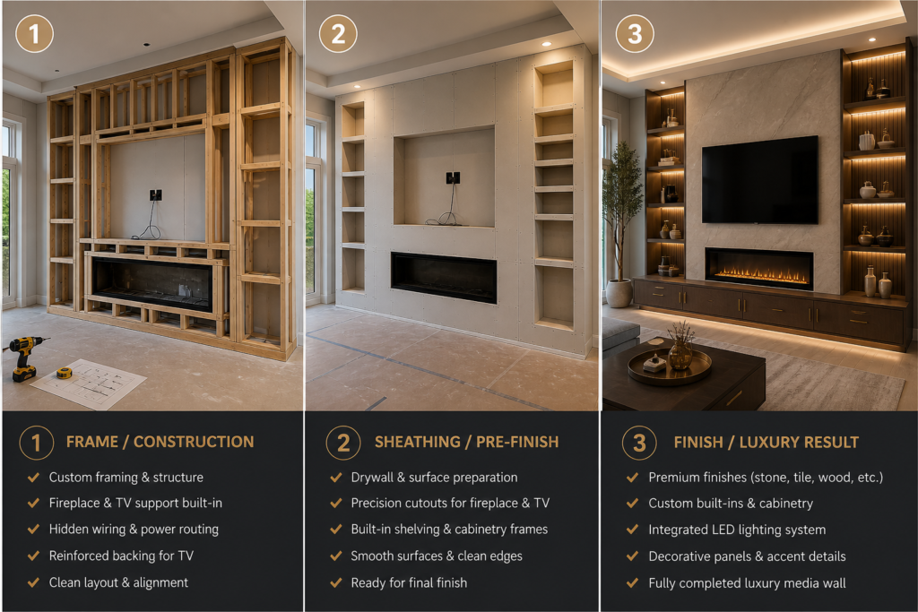 luxury fireplace media wall with stone finish built in cabinets and lighting