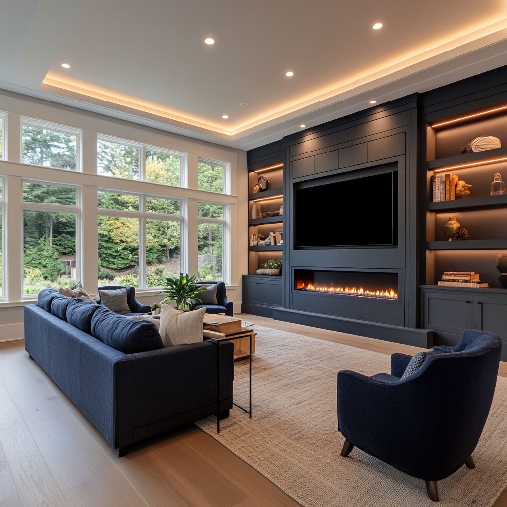 Luxury fireplace wall with TV and built in shelves LED lighting modern media wall Florida