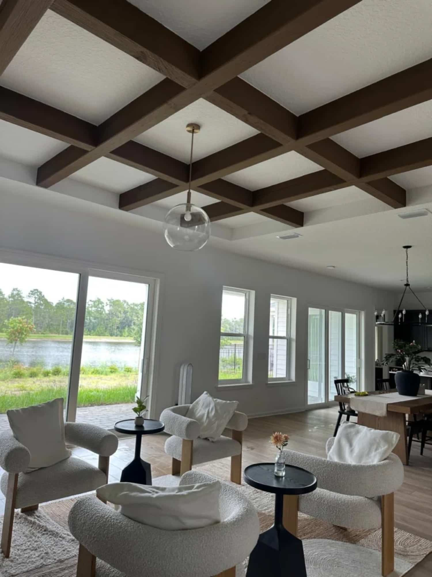 Custom dark wood coffered beam ceiling