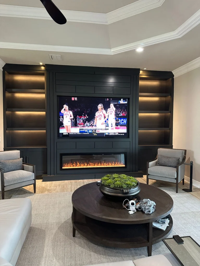 Dark contemporary built-in cabinetry Dark custom cabinetry with illuminated open shelving