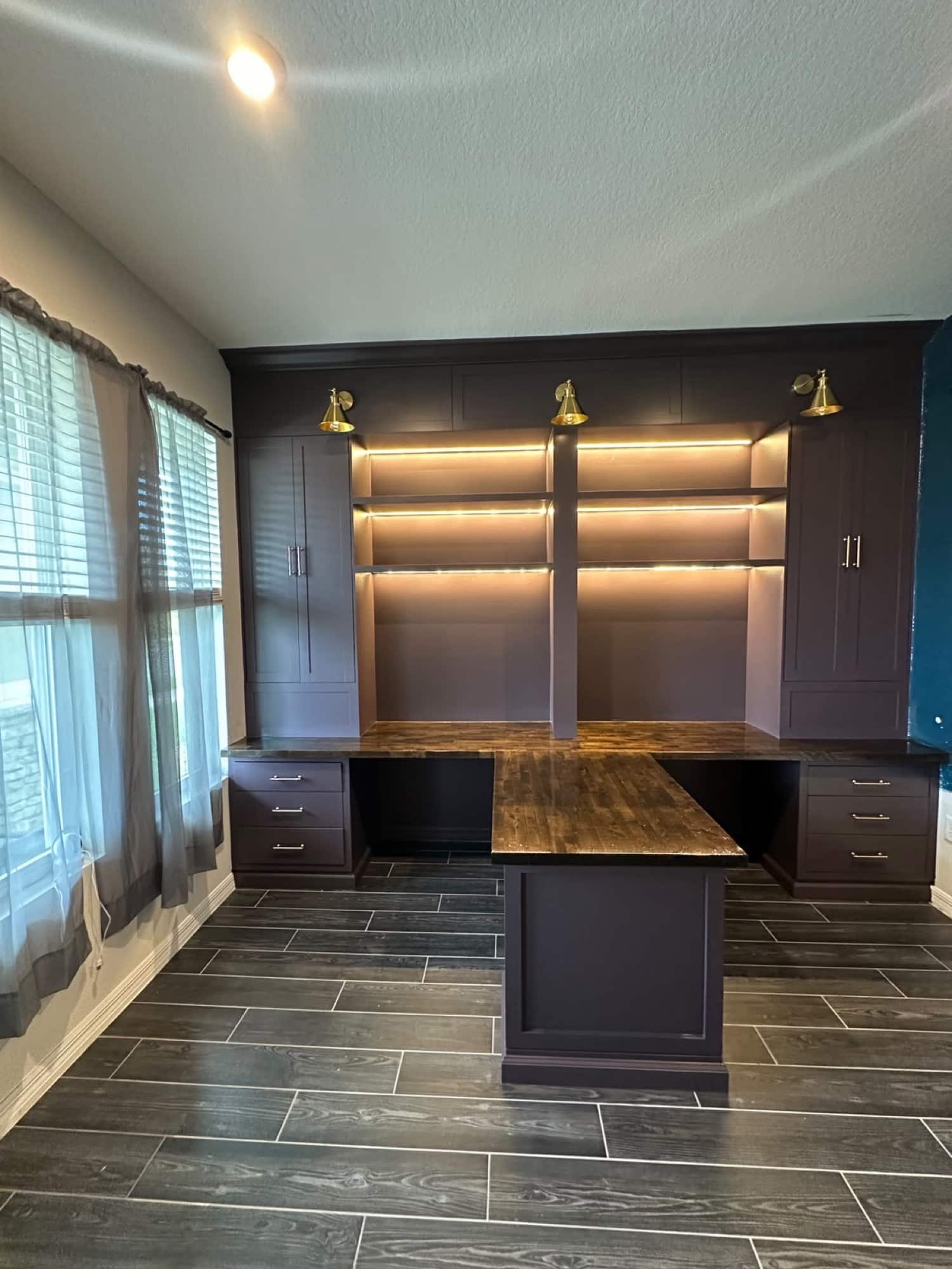 Dark custom built-ins with integrated shelf lighting