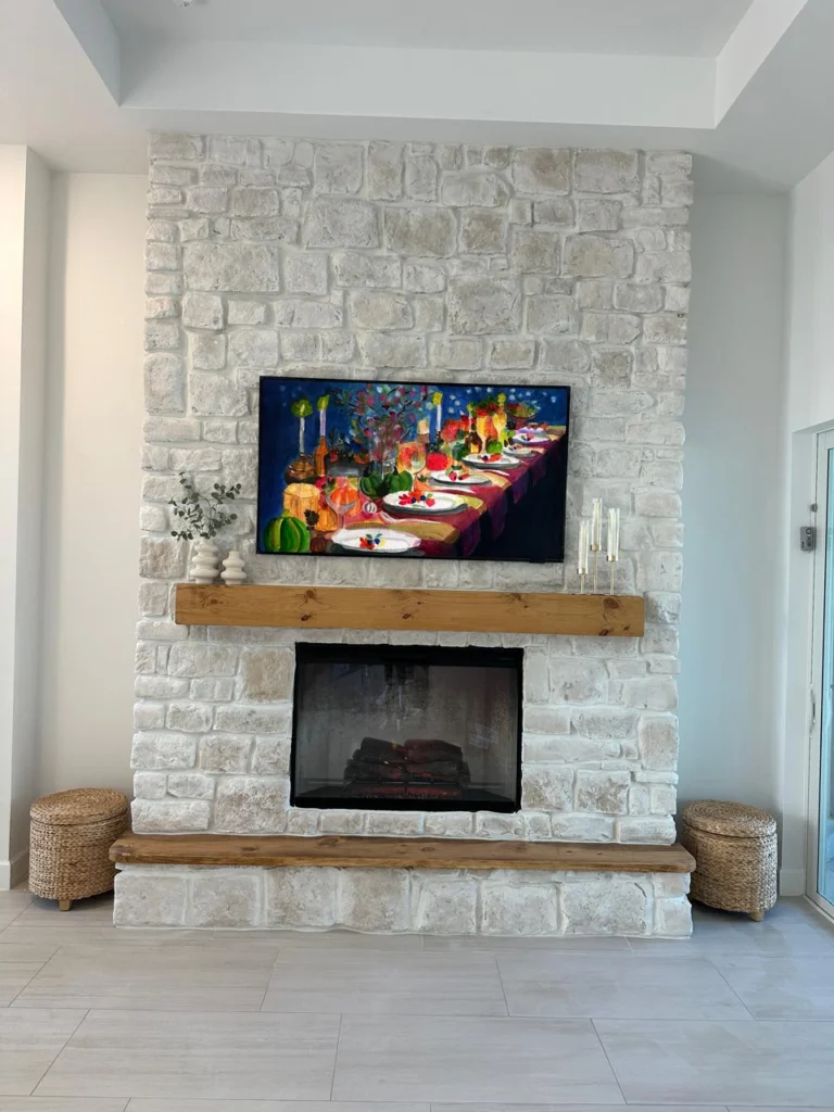 Rustic wood mantel and limestone texture detail