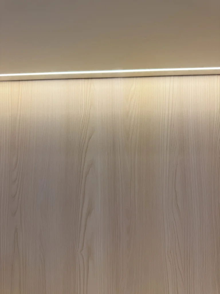 Wood countertop and illuminated shelving finish detail