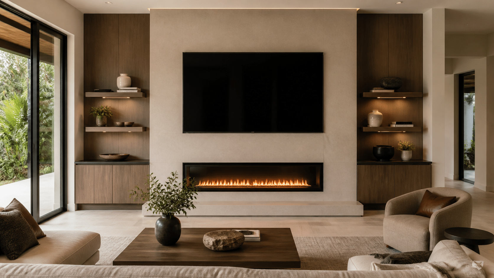 Custom TV media wall with linear electric fireplace and built-in cabinetry in a Florida home
