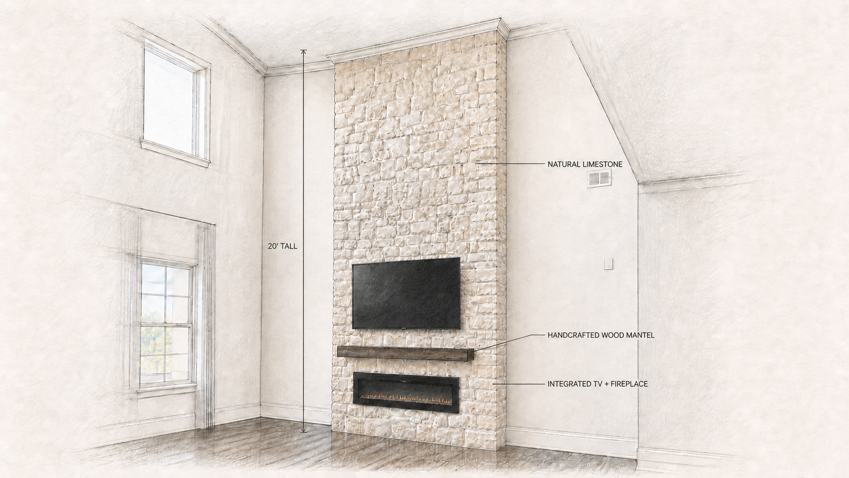 Wide architectural sketch of a 20-foot natural limestone fireplace wall with TV, electric fireplace and handcrafted wood mantel
