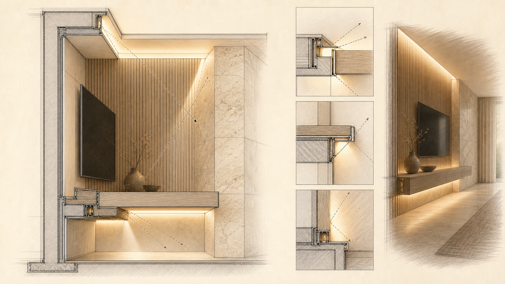 Concealed LED details for a custom TV wall Architectural section showing concealed LED profiles, diffusers, shielding and reflected light paths in a TV wall