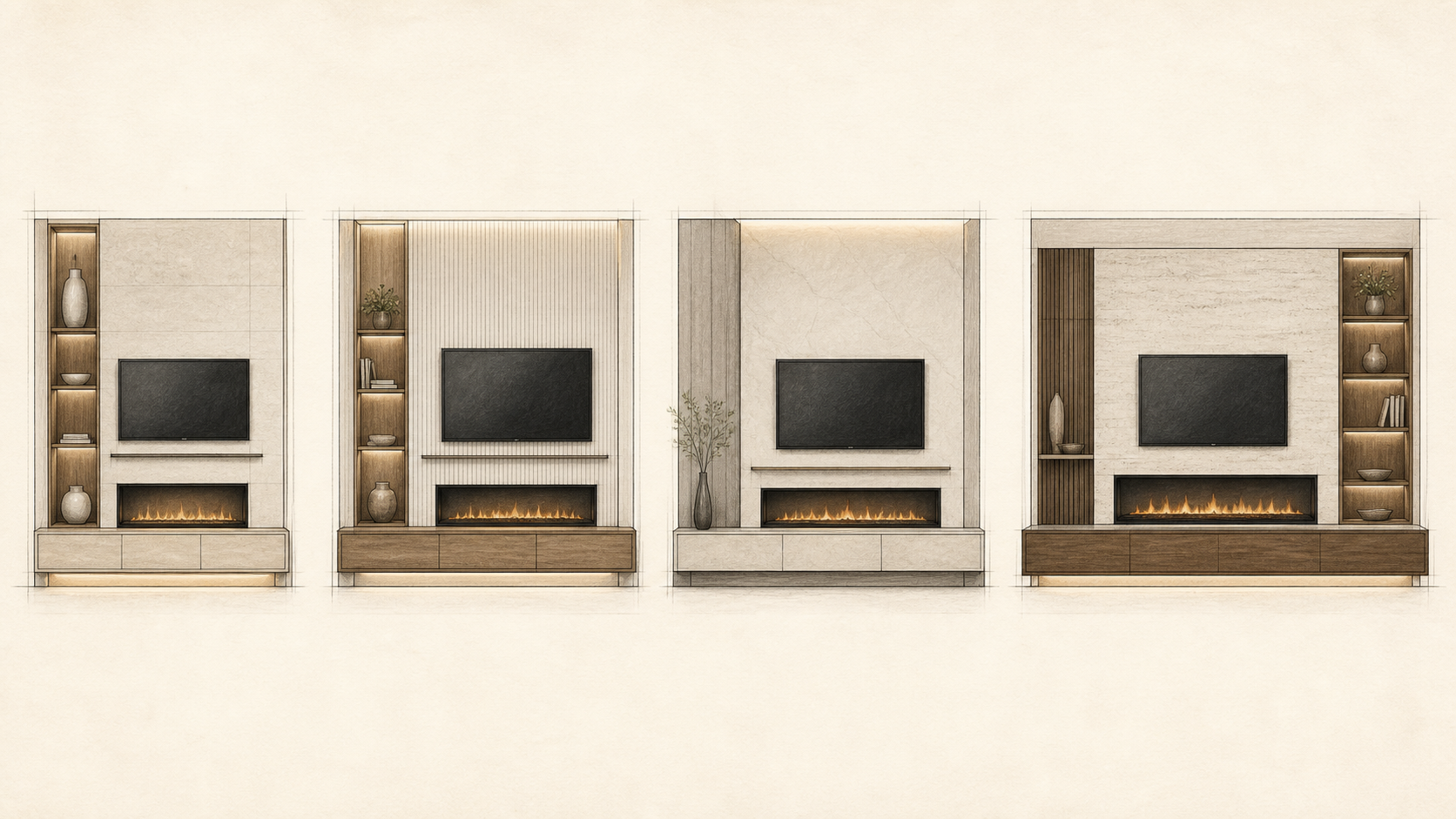 Electric fireplace size comparison for TV walls Four architectural TV wall elevations comparing progressively wider linear electric fireplaces