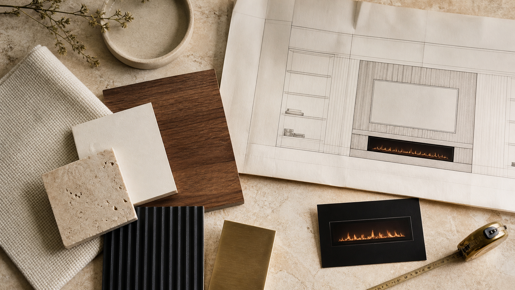 Electric fireplace and TV wall material planning Designer worktable with TV wall drawing, fireplace sample, tape measure and coordinated finishes