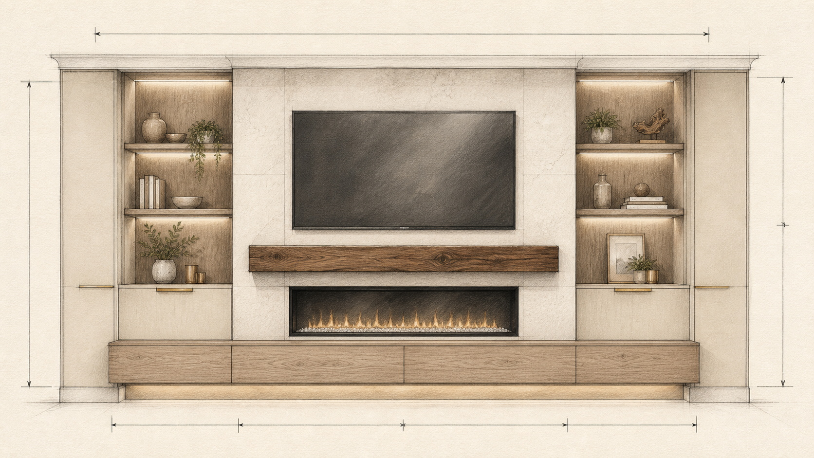 Electric fireplace under TV pencil elevation Architectural pencil elevation of an electric fireplace below a television