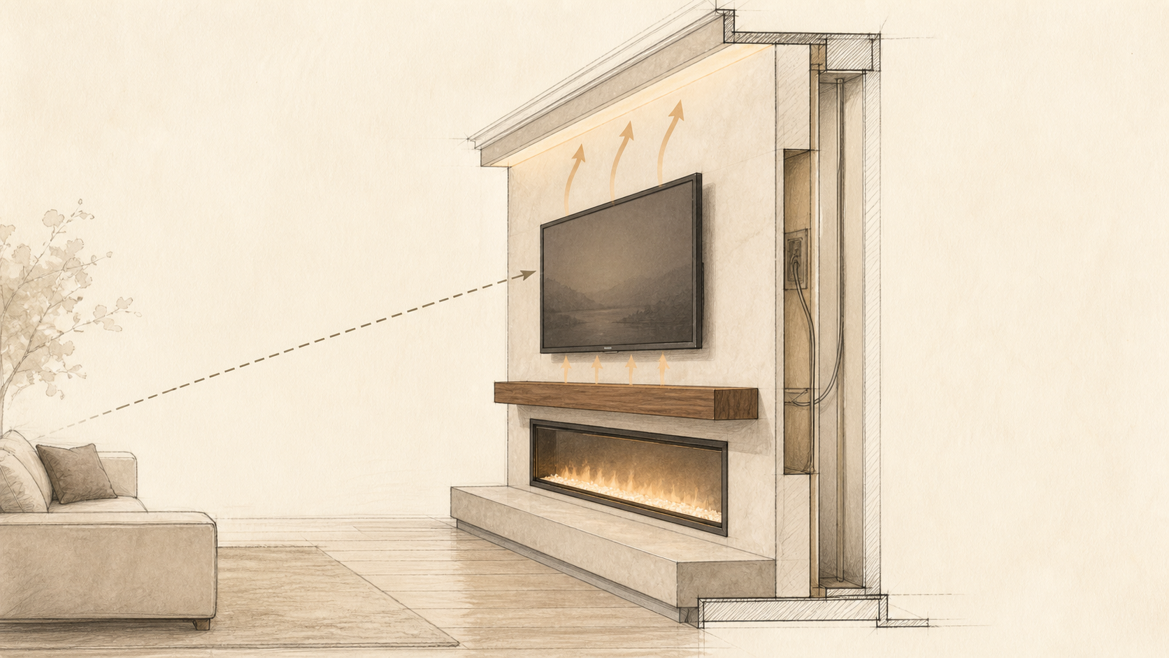 TV wall section with electric fireplace Architectural wall section showing television sightline, mantel, electric fireplace, airflow and wiring cavity