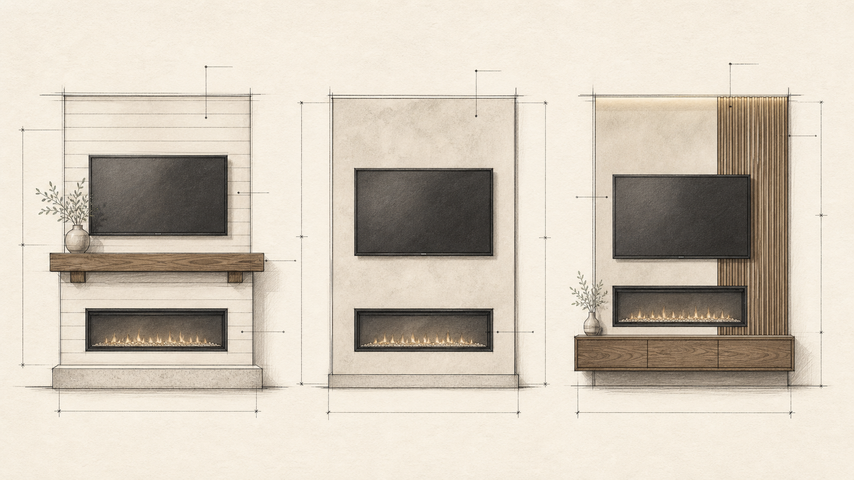 Electric fireplace under TV layout concepts Three pencil layout concepts for an electric fireplace under a television