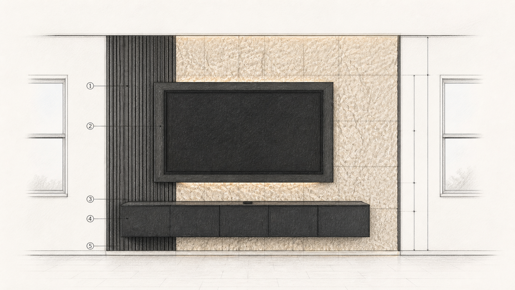 Wide architectural pencil elevation of the real floating media cabinet project with five doors, open floor reveal, dark slats and textured panels