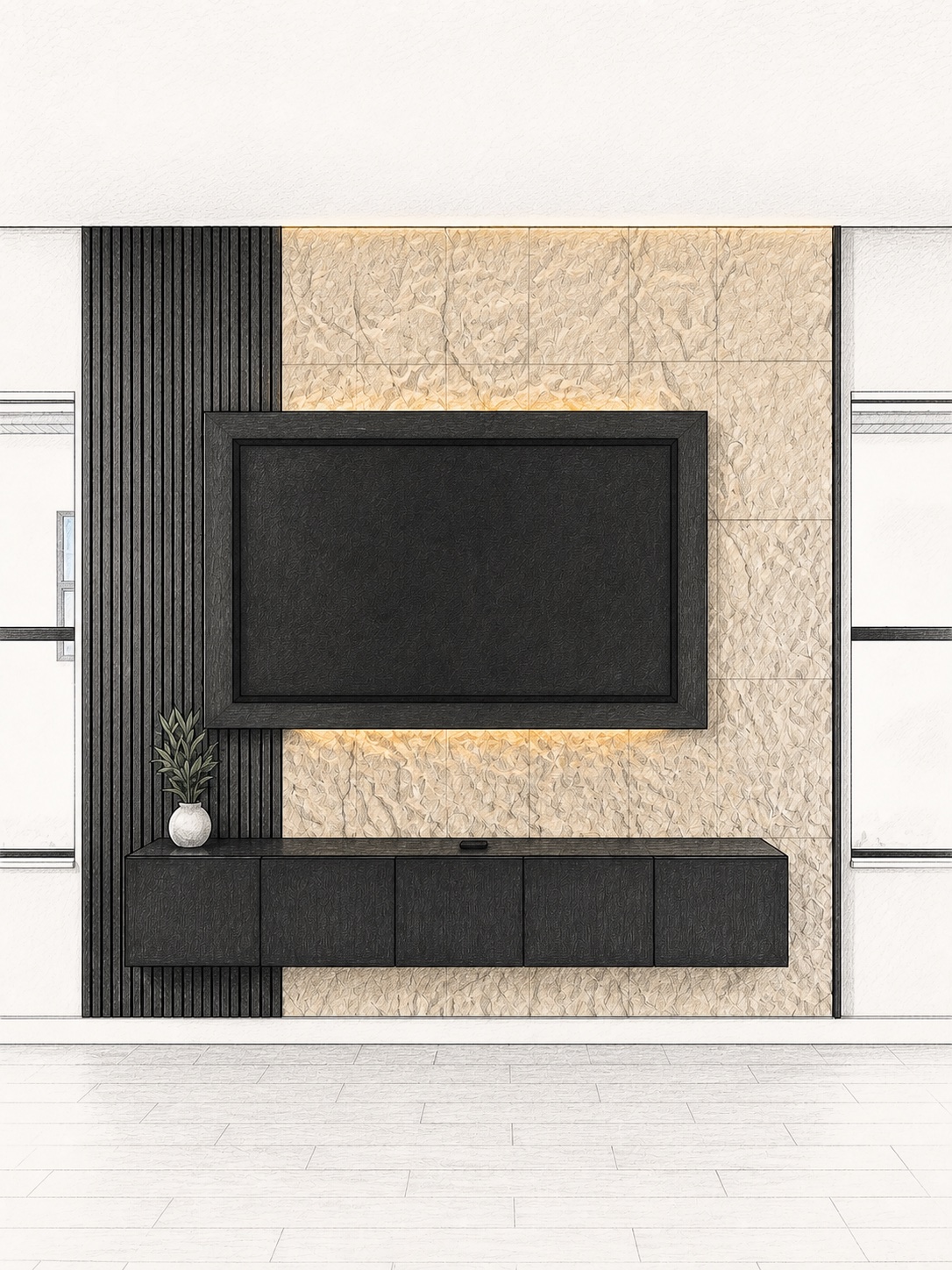 Architectural pencil sketch of a floating media cabinet TV wall with five doors, dark slats and light textured panels