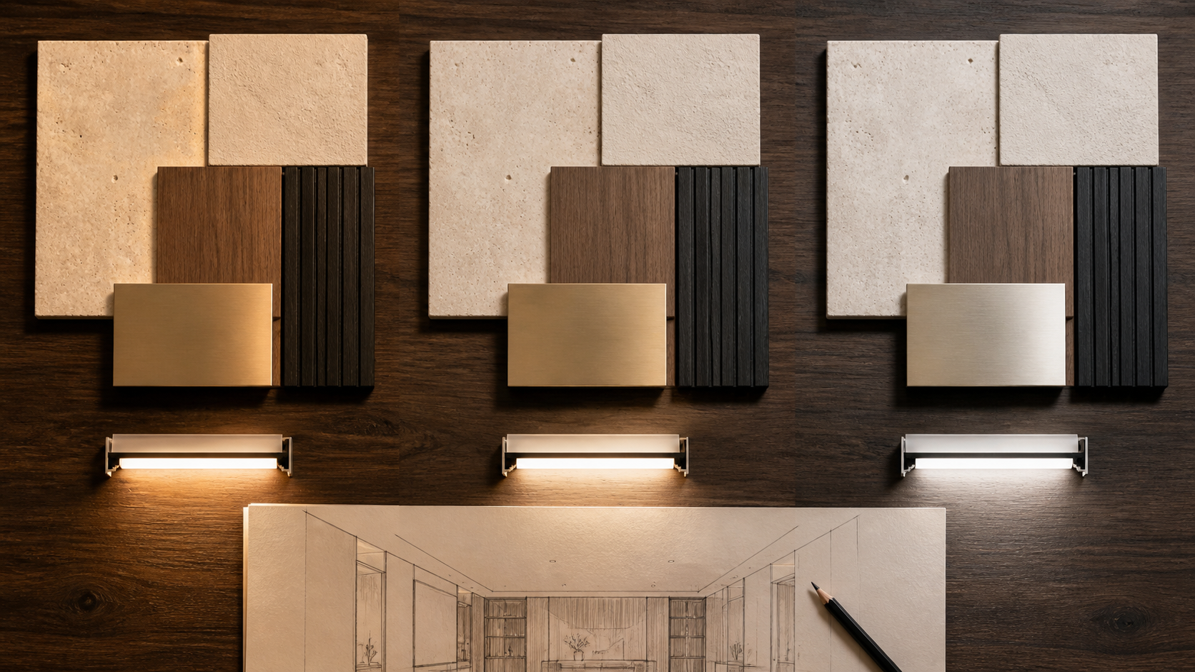 TV wall materials under different light temperatures Stone, plaster, walnut, fluted wood and metal samples compared under three white-light temperatures