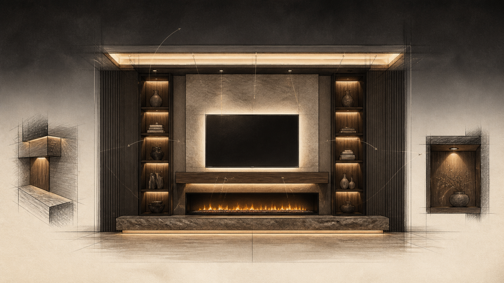 TV wall lighting guide elevation TV wall lighting guide elevation showing layered light zones around a television and fireplace