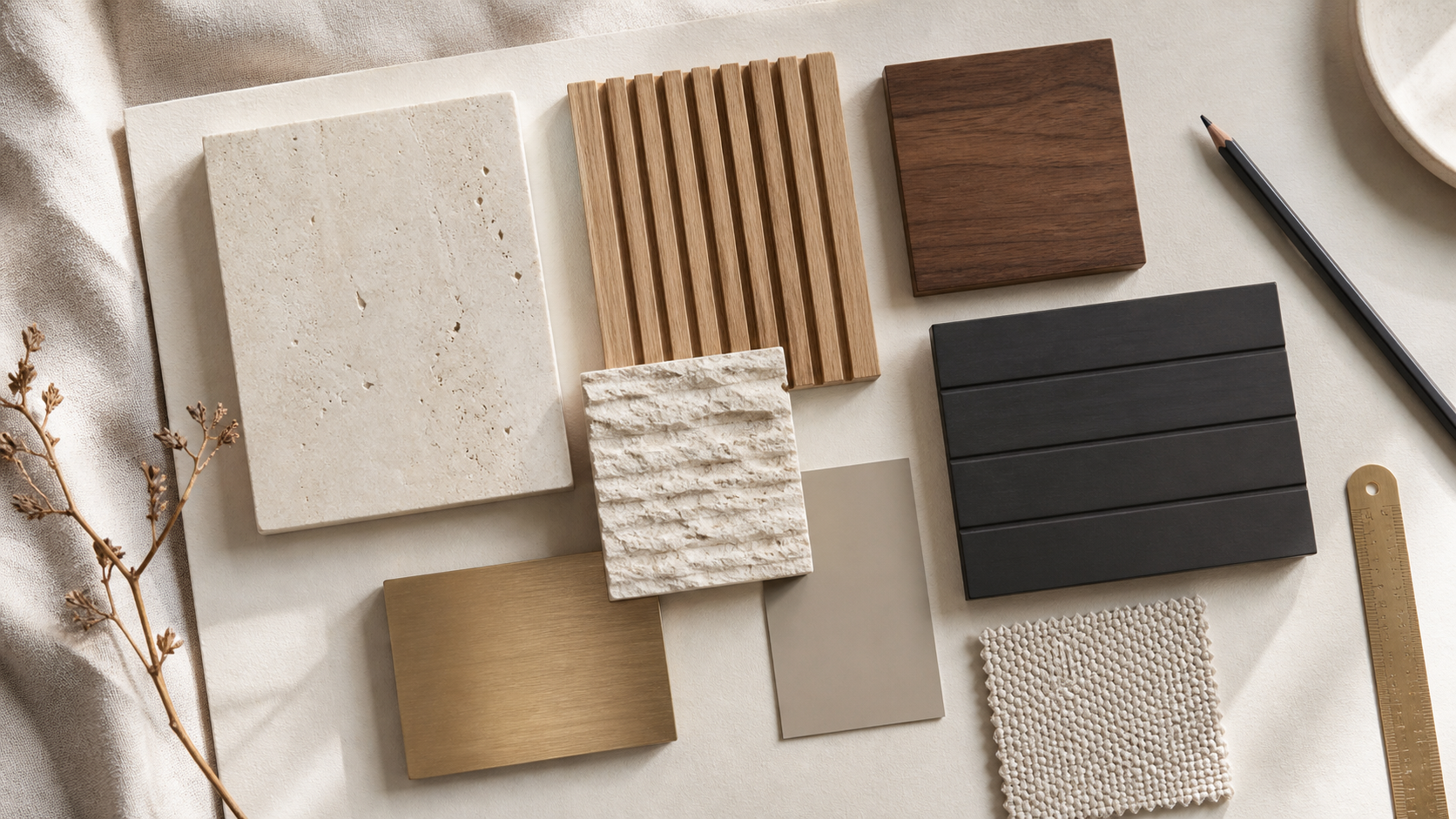 TV wall fireplace material palette Designer flat lay of material samples for a television and fireplace wall