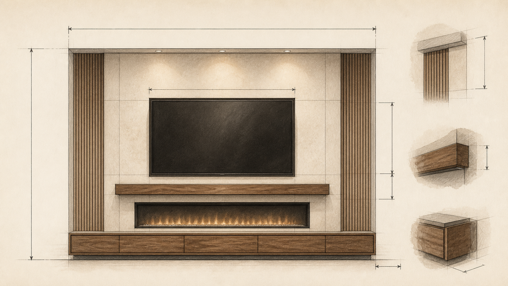 Custom TV wall measurement elevation Architectural elevation showing measurement lines for a custom television and electric fireplace wall
