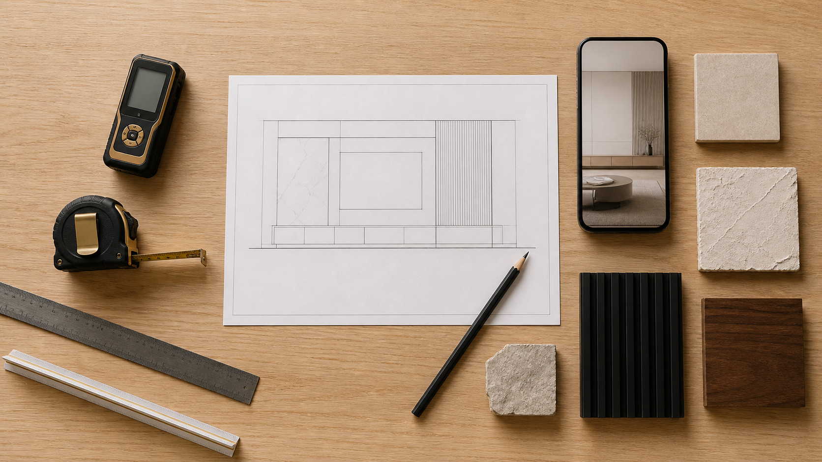 TV wall measurement tools and material samples Top-down designer worktable with laser measure, tape, elevation drawing and TV wall material samples