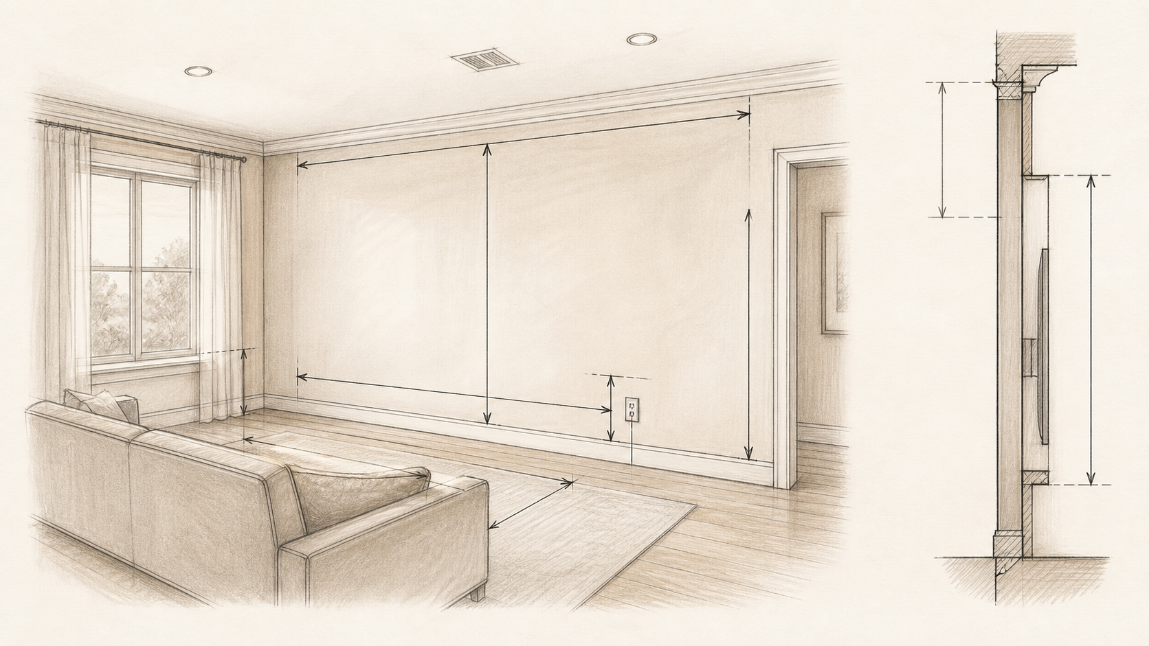 Living room survey sketch for a custom TV wall Perspective room survey sketch showing wall width, ceiling height, outlet position, window clearance and seating distance
